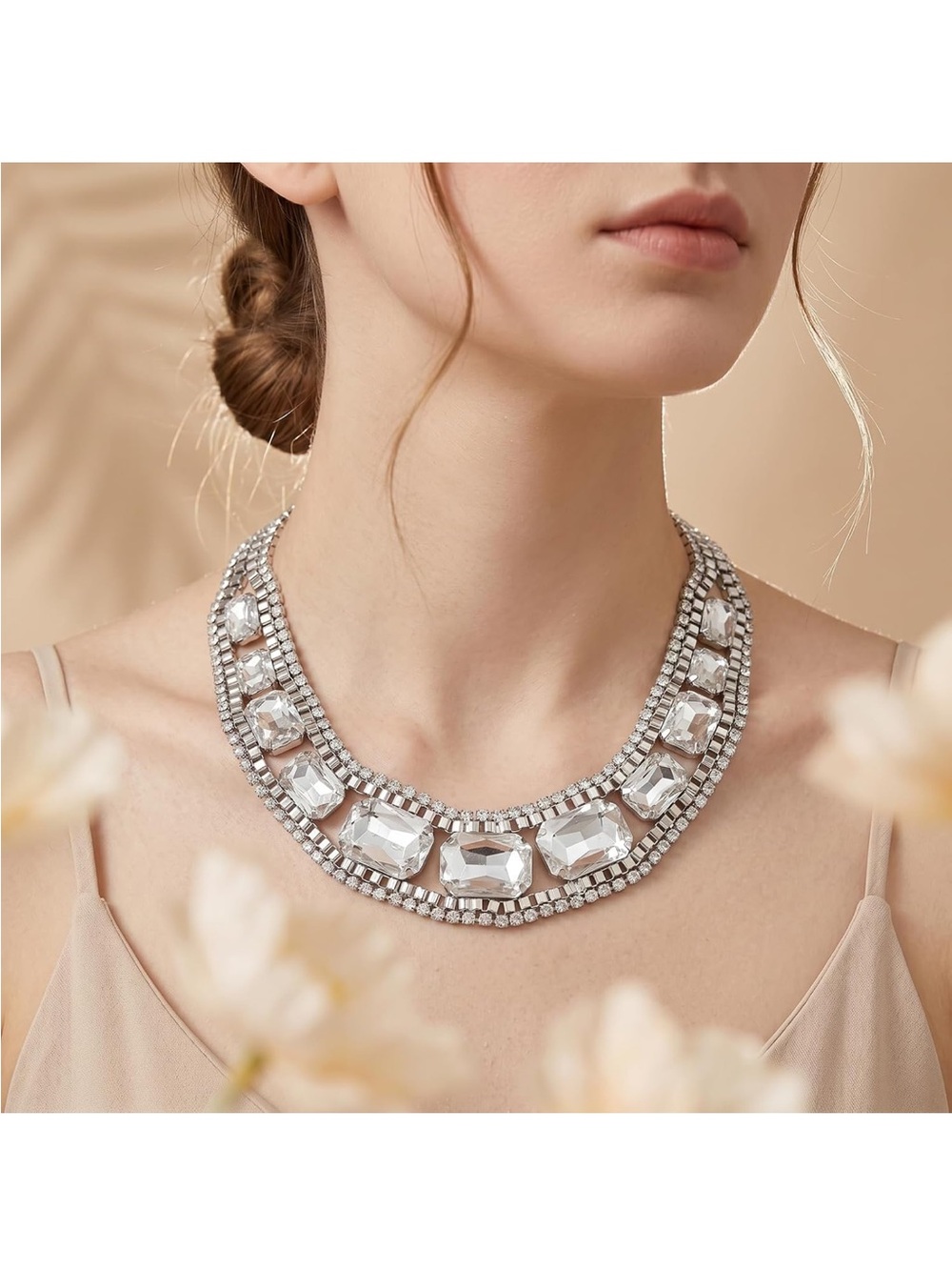 Gold Choker for Women, Vintage Real Crystal Necklace, Emerald Cut Graduated Neck